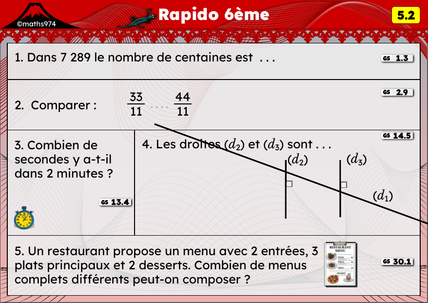 Rapido 5.2 – exercices de maths 6ème, semaine 5 : Dizaines, centaines, milliers ; droites et dénombrement