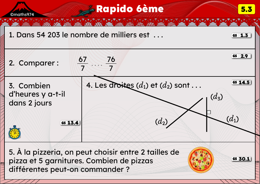 Rapido 5.3 – exercices de maths 6ème, semaine 5 : Dizaines, centaines, milliers ; droites et dénombrement