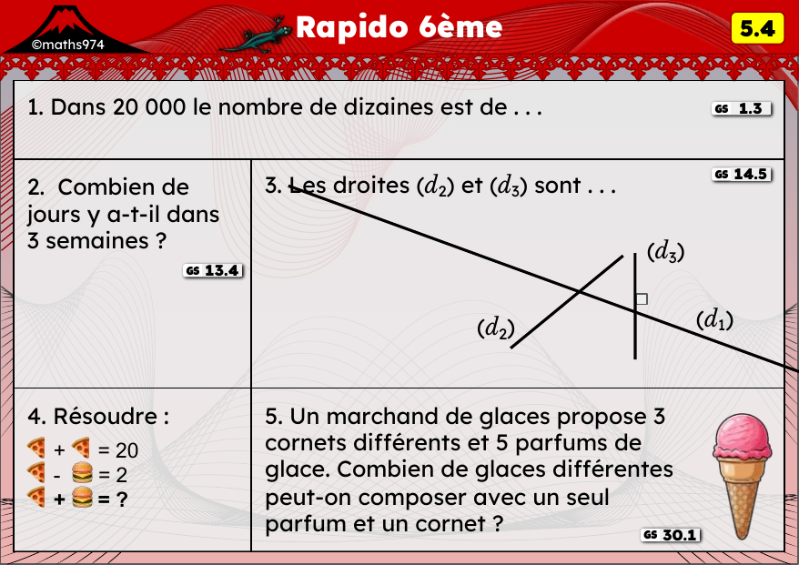 Rapido 5.4 – exercices de maths 6ème, semaine 5 : Dizaines, centaines, milliers ; droites et dénombrement