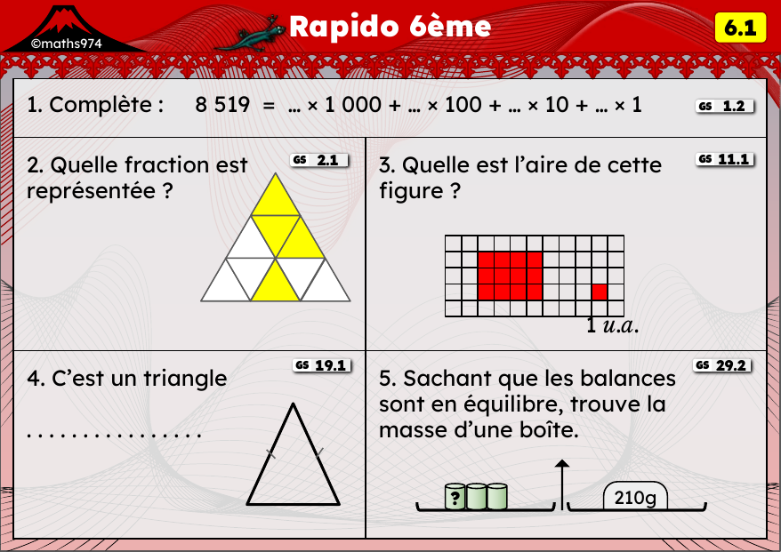 Rapido 6.1 – exercices de maths 6ème, semaine 6 : Décomposition, fractions, aires et triangles
