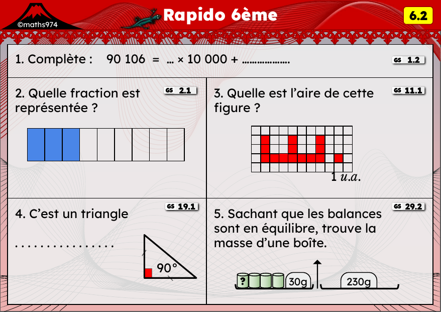 Rapido 6.2 – exercices de maths 6ème, semaine 6 : Décomposition, fractions, aires et triangles