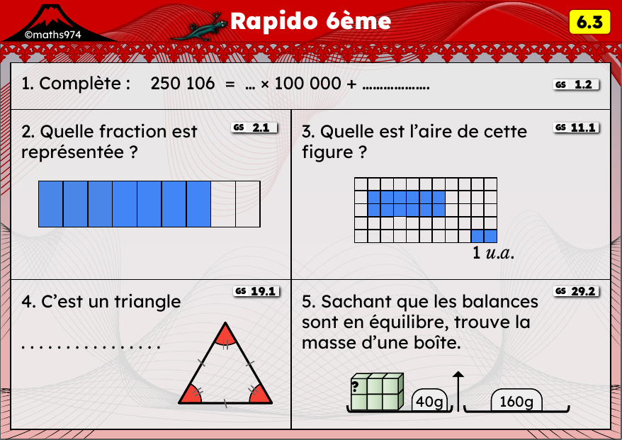 Rapido 6.3 – exercices de maths 6ème, semaine 6 : Décomposition, fractions, aires et triangles