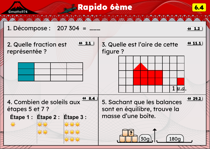 Rapido 6.4 – exercices de maths 6ème, semaine 6 : Décomposition, fractions, aires et triangles