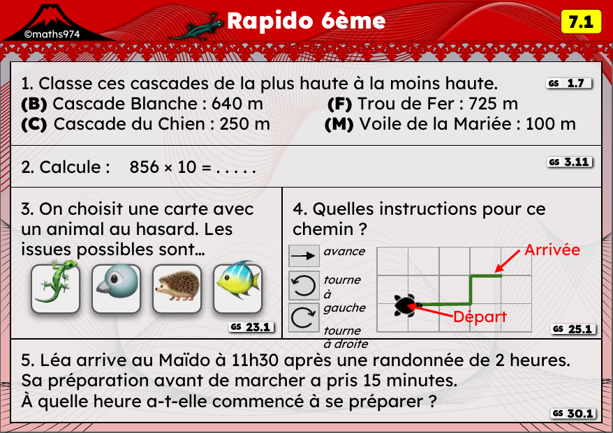 Rapido 7.1 – exercices de maths 6ème, semaine 7 : Ranger des nombres, ×10/100/1000, hasard et déplacements