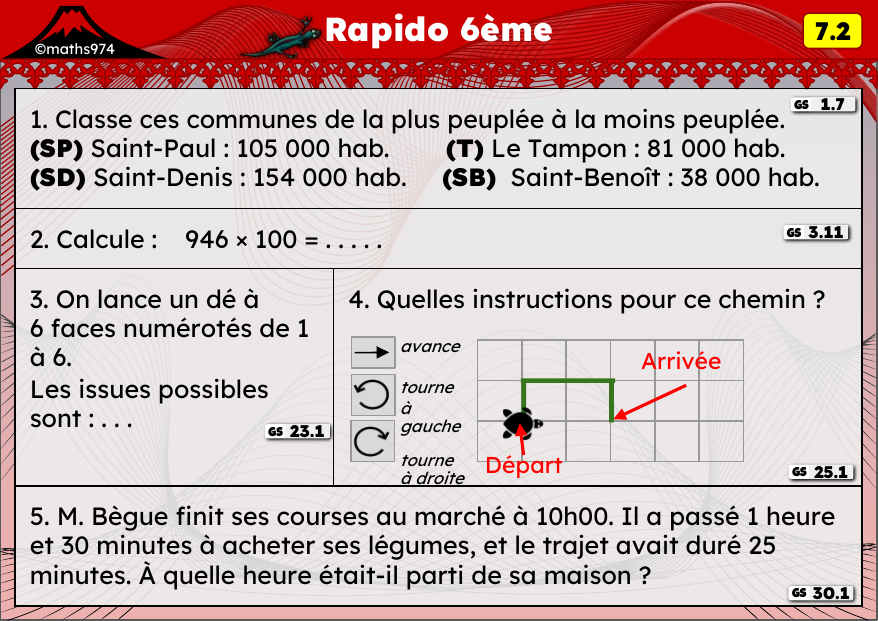 Rapido 7.2 – exercices de maths 6ème, semaine 7 : Ranger des nombres, ×10/100/1000, hasard et déplacements