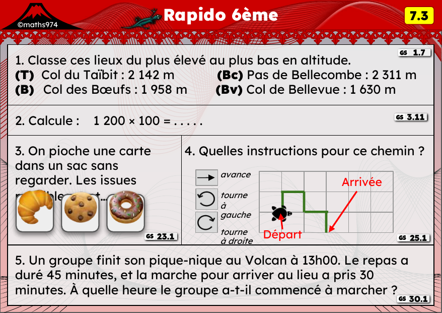 Rapido 7.3 – exercices de maths 6ème, semaine 7 : Ranger des nombres, ×10/100/1000, hasard et déplacements