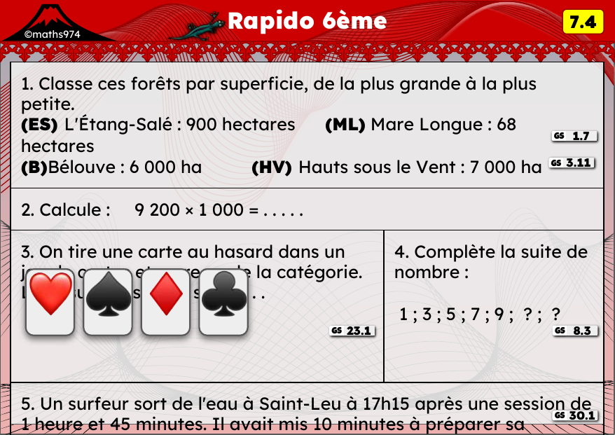 Rapido 7.4 – exercices de maths 6ème, semaine 7 : Ranger des nombres, ×10/100/1000, hasard et déplacements