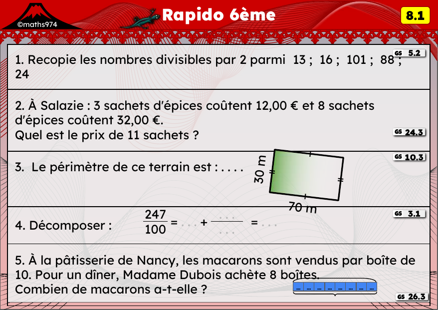 Rapido 8.1 – exercices de maths 6ème, semaine 8 : Divisibilité par 2, proportionnalité et périmètres