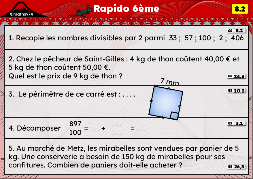 Rapido 8.2 – exercices de maths 6ème, semaine 8 : Divisibilité par 2, proportionnalité et périmètres