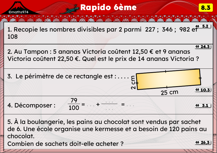 Rapido 8.3 – exercices de maths 6ème, semaine 8 : Divisibilité par 2, proportionnalité et périmètres