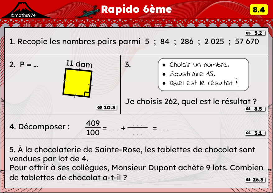 Rapido 8.4 – exercices de maths 6ème, semaine 8 : Divisibilité par 2, proportionnalité et périmètres
