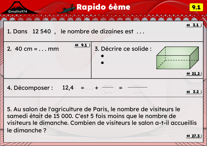 Rapido 9.1 – exercices de maths 6ème, semaine 9 : Numération, conversions mm/cm, solides et décimaux