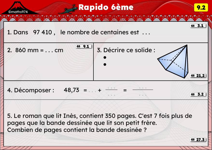 Rapido 9.2 – exercices de maths 6ème, semaine 9 : Numération, conversions mm/cm, solides et décimaux