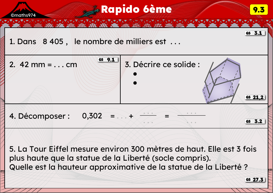Rapido 9.3 – exercices de maths 6ème, semaine 9 : Numération, conversions mm/cm, solides et décimaux
