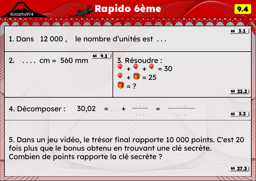 Rapido 9.4 – exercices de maths 6ème, semaine 9 : Numération, conversions mm/cm, solides et décimaux