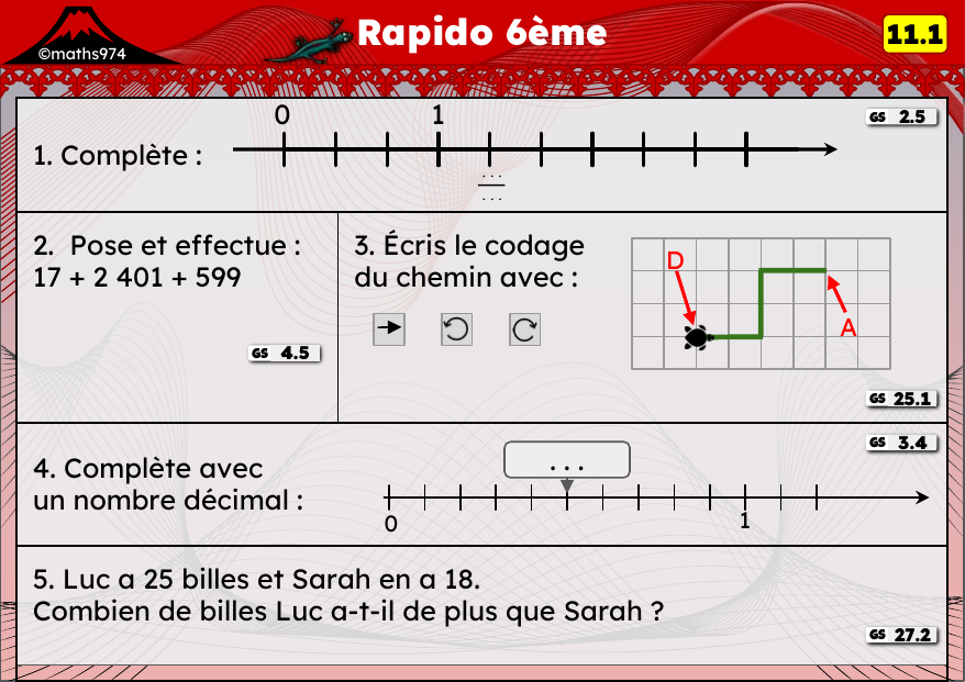 Rapido 11.1 – exercices de maths 6ème, semaine 11 : Opérations posées, codage d'un chemin et décimaux