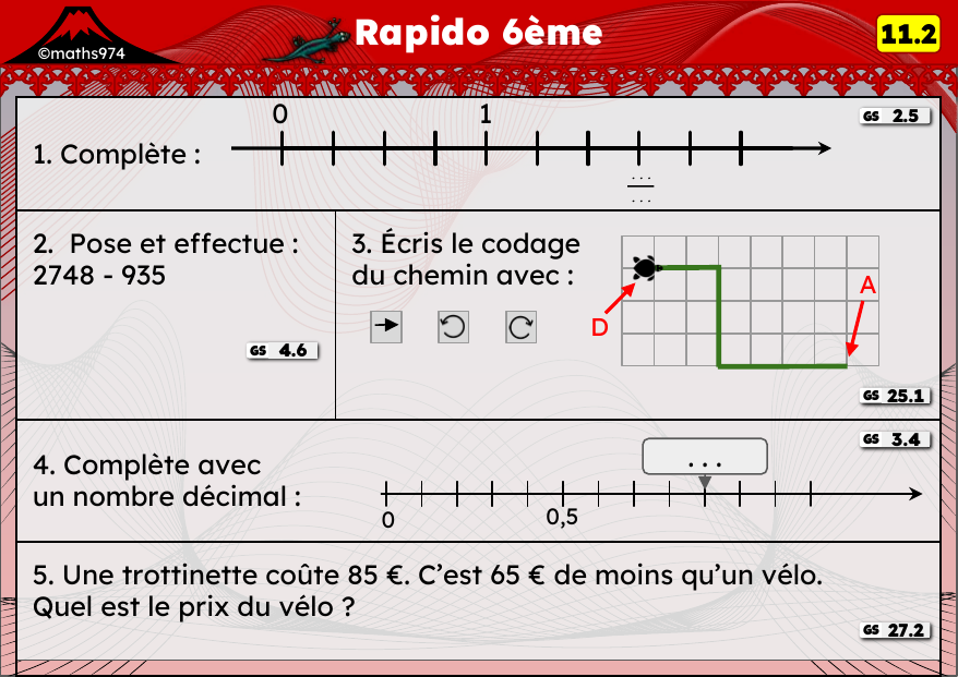 Rapido 11.2 – exercices de maths 6ème, semaine 11 : Opérations posées, codage d'un chemin et décimaux