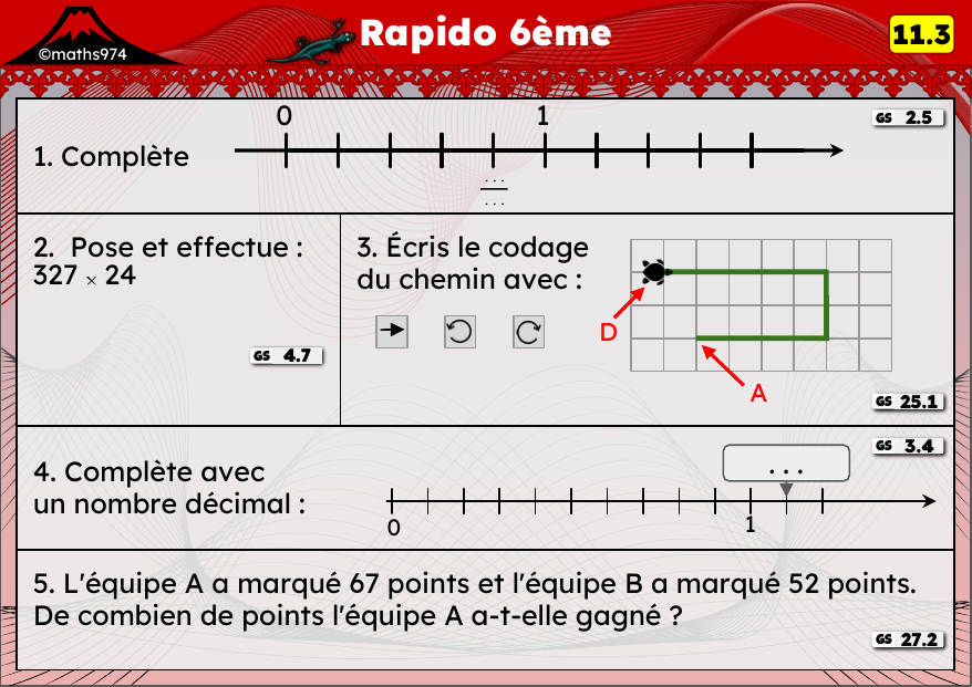 Rapido 11.3 – exercices de maths 6ème, semaine 11 : Opérations posées, codage d'un chemin et décimaux