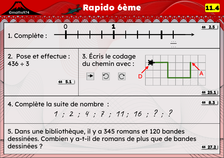 Rapido 11.4 – exercices de maths 6ème, semaine 11 : Opérations posées, codage d'un chemin et décimaux