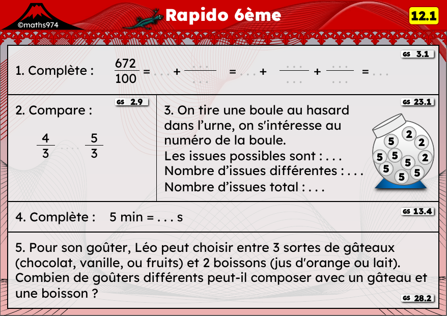 Rapido 12.1 – exercices de maths 6ème, semaine 12 : Décimaux, expériences aléatoires et durées