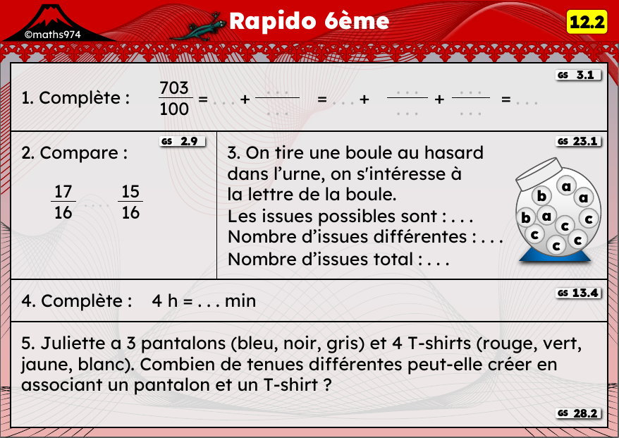 Rapido 12.2 – exercices de maths 6ème, semaine 12 : Décimaux, expériences aléatoires et durées