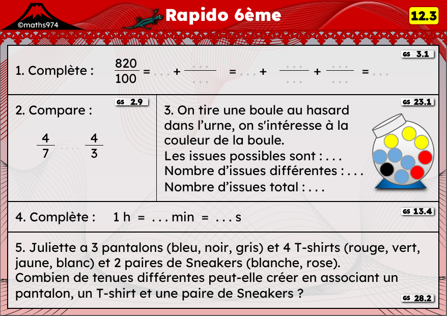 Rapido 12.3 – exercices de maths 6ème, semaine 12 : Décimaux, expériences aléatoires et durées