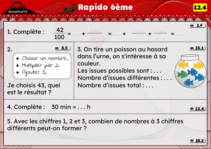 Rapido 12.4 – exercices de maths 6ème, semaine 12 : Décimaux, expériences aléatoires et durées