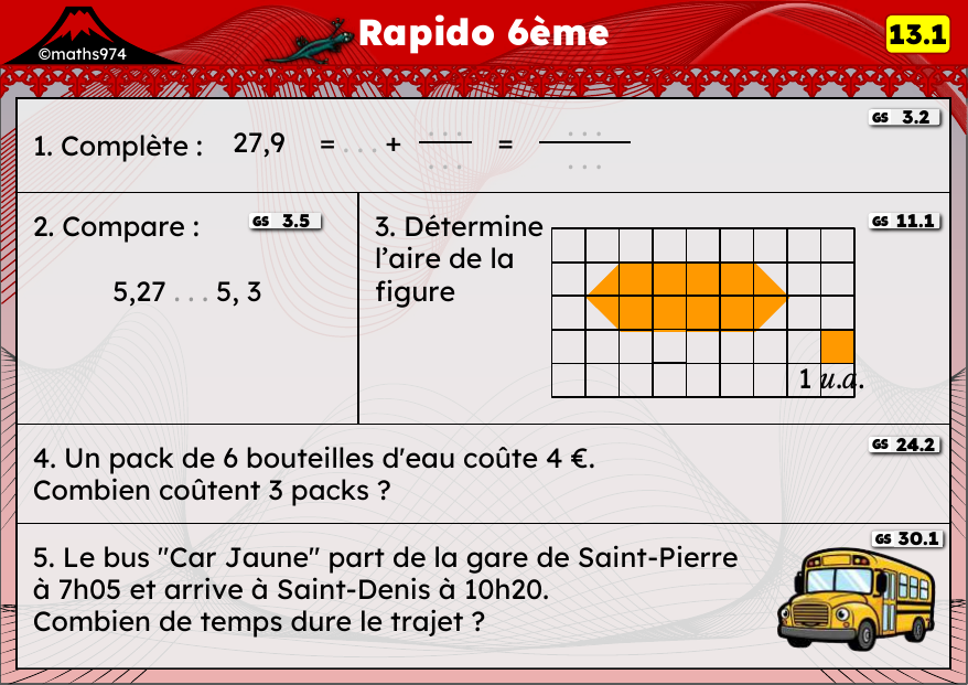 Rapido 13.1 – exercices de maths 6ème, semaine 13 : Comparer des décimaux, aires et durées