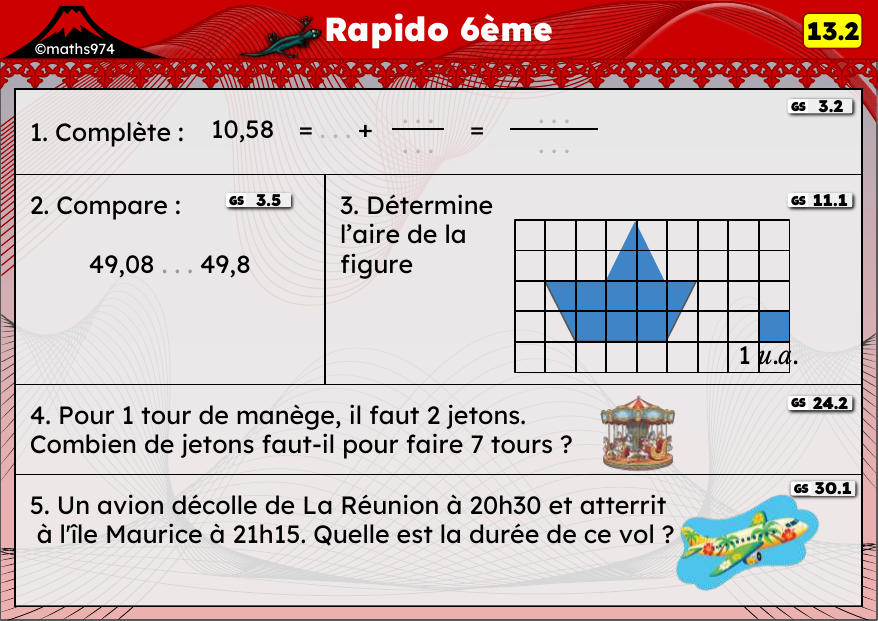 Rapido 13.2 – exercices de maths 6ème, semaine 13 : Comparer des décimaux, aires et durées
