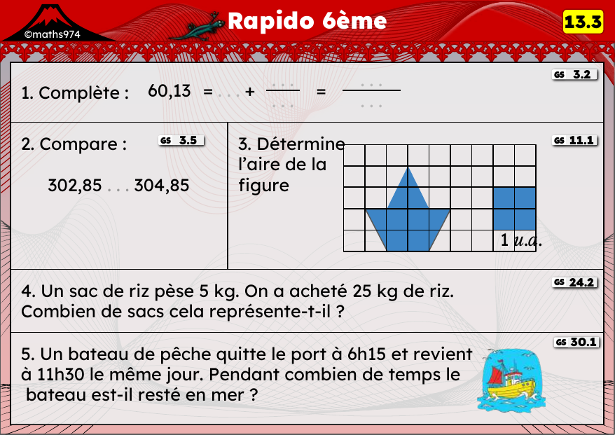 Rapido 13.3 – exercices de maths 6ème, semaine 13 : Comparer des décimaux, aires et durées
