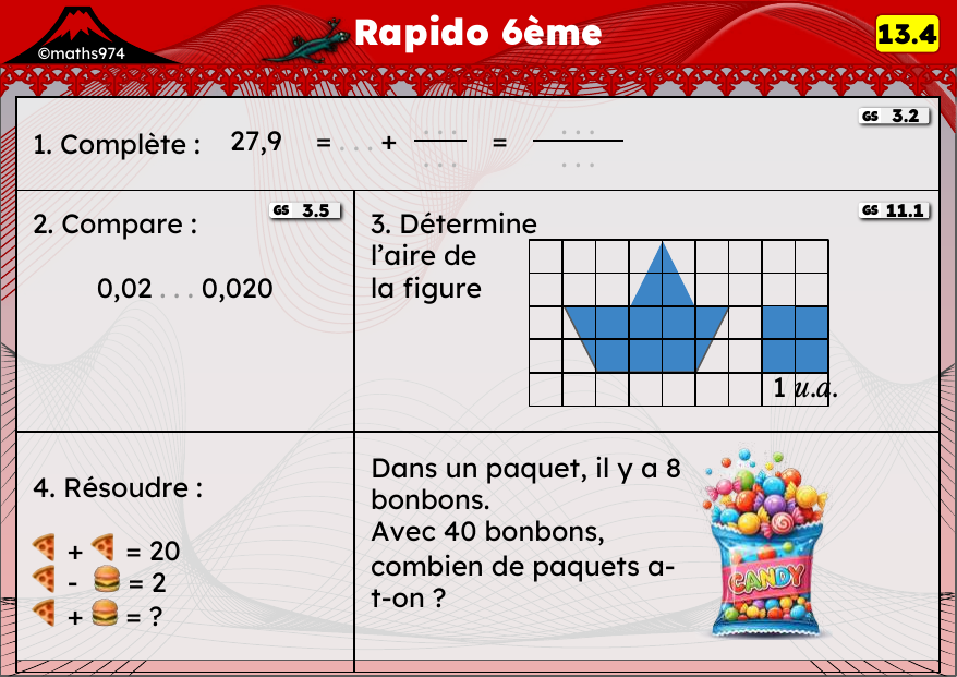 Rapido 13.4 – exercices de maths 6ème, semaine 13 : Comparer des décimaux, aires et durées
