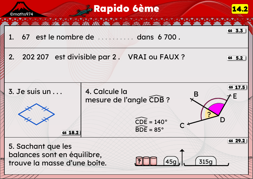 Rapido 14.2 – exercices de maths 6ème, semaine 14 : Numération, divisibilité, angles et balances