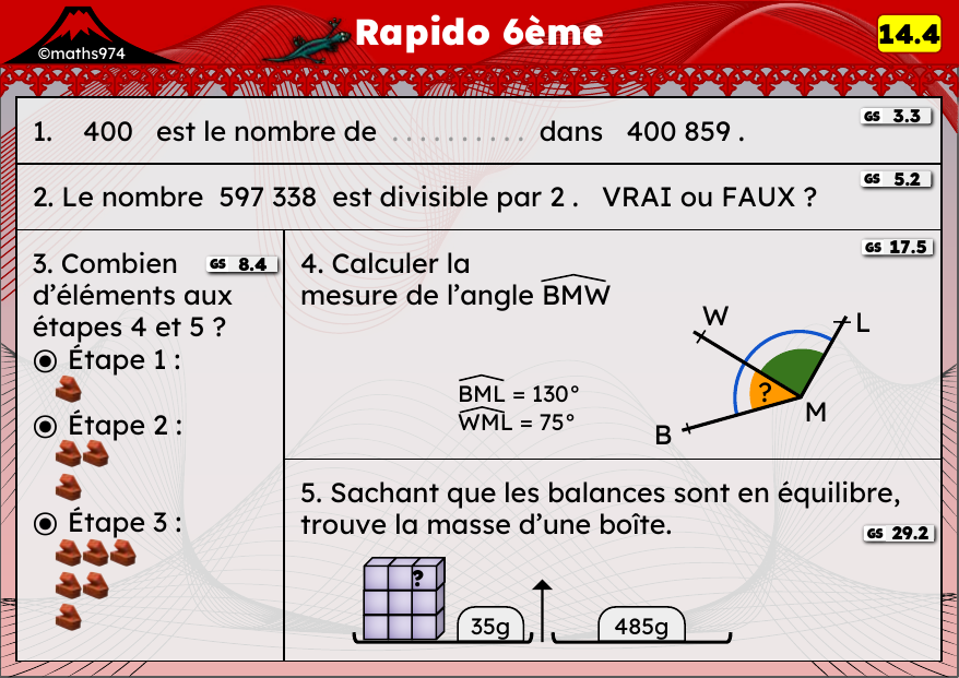 Rapido 14.4 – exercices de maths 6ème, semaine 14 : Numération, divisibilité, angles et balances