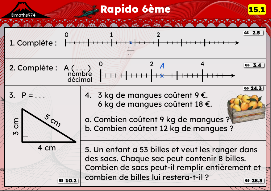 Rapido 15.1 – exercices de maths 6ème, semaine 15 : Abscisses décimales, périmètres et division euclidienne