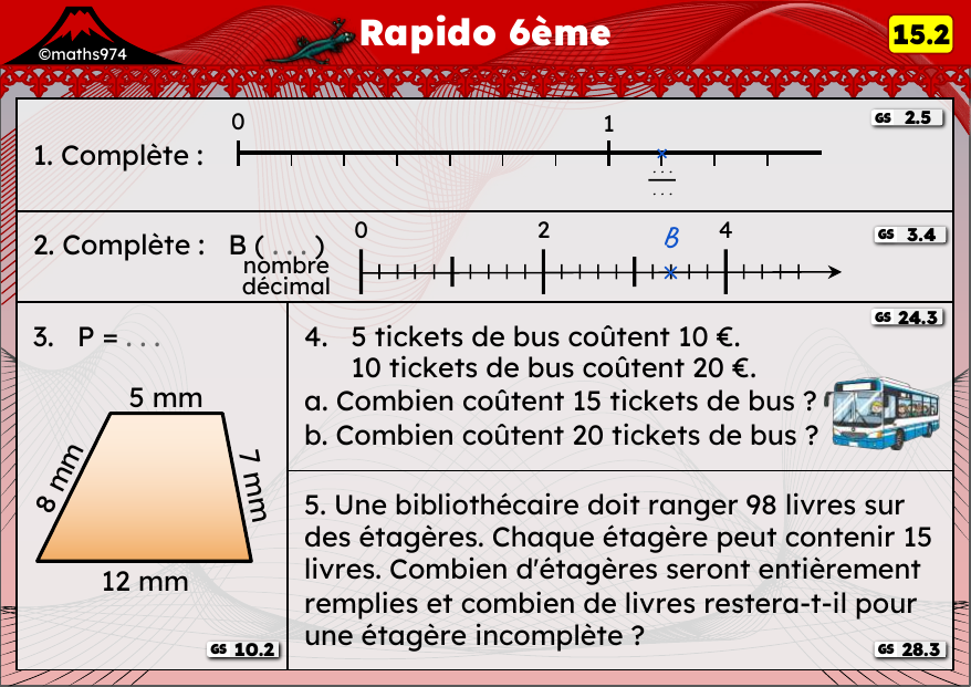 Rapido 15.2 – exercices de maths 6ème, semaine 15 : Abscisses décimales, périmètres et division euclidienne