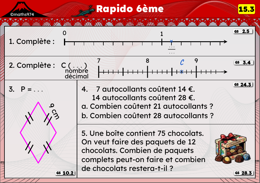 Rapido 15.3 – exercices de maths 6ème, semaine 15 : Abscisses décimales, périmètres et division euclidienne
