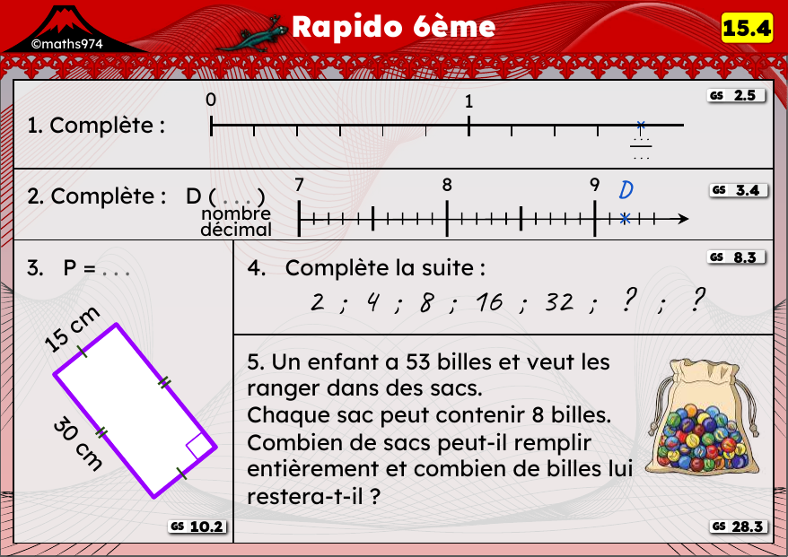 Rapido 15.4 – exercices de maths 6ème, semaine 15 : Abscisses décimales, périmètres et division euclidienne