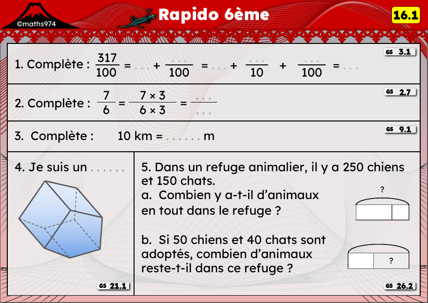 Rapido 16.1 – exercices de maths 6ème, semaine 16 : Tables, conversions km/m et problèmes à étapes