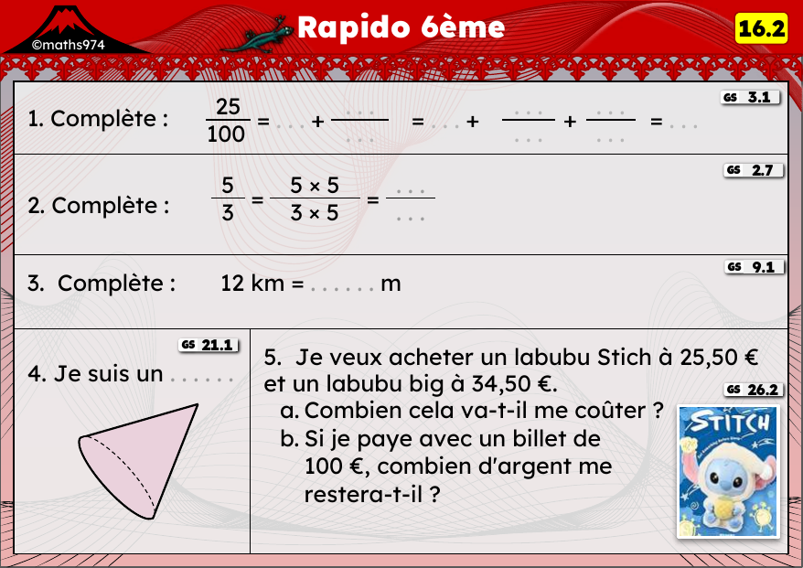 Rapido 16.2 – exercices de maths 6ème, semaine 16 : Tables, conversions km/m et problèmes à étapes