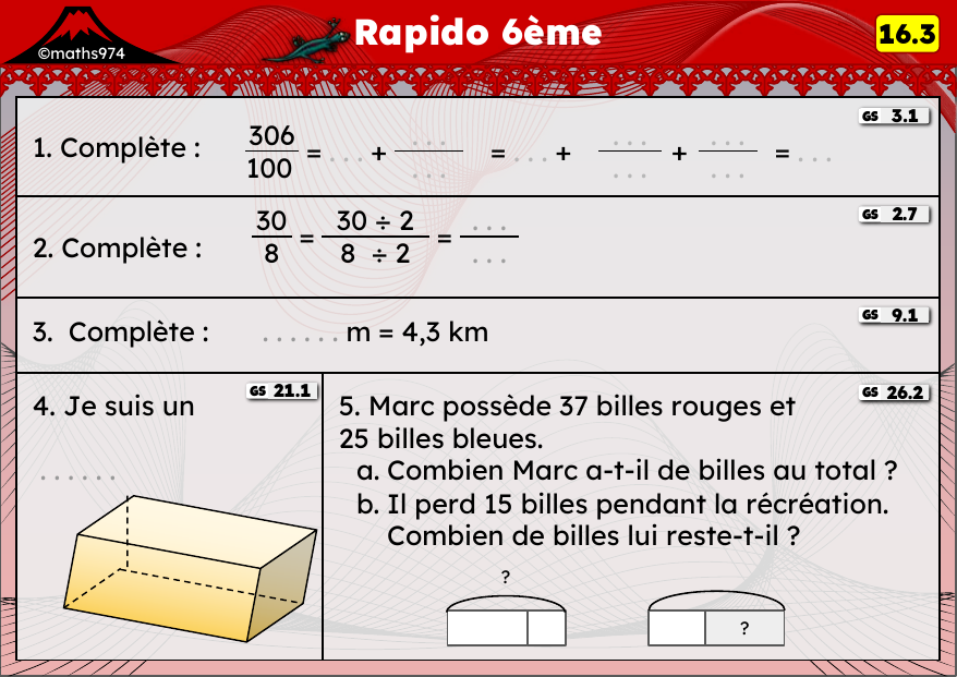Rapido 16.3 – exercices de maths 6ème, semaine 16 : Tables, conversions km/m et problèmes à étapes