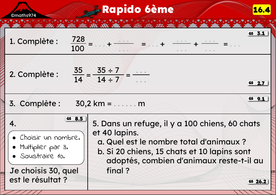 Rapido 16.4 – exercices de maths 6ème, semaine 16 : Tables, conversions km/m et problèmes à étapes