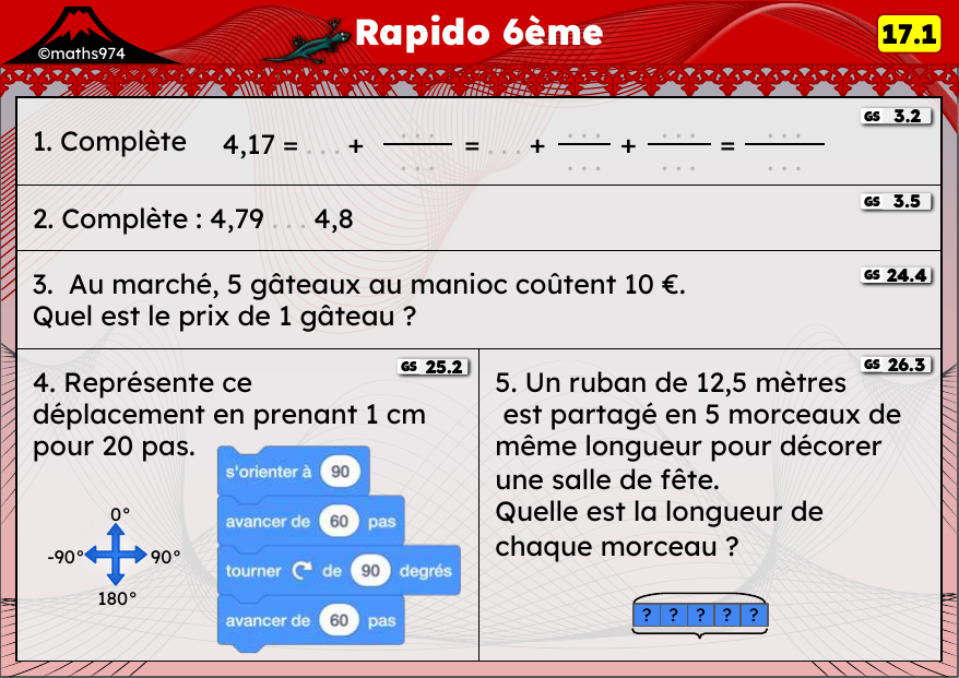 Rapido 17.1 – exercices de maths 6ème, semaine 17 : Décimaux, prix unitaire et déplacements à l'échelle