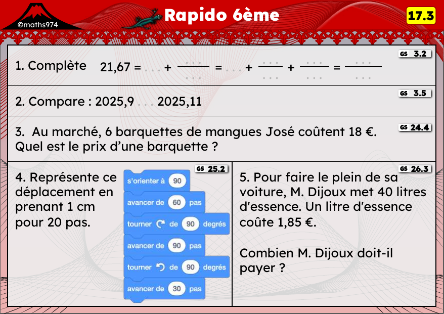 Rapido 17.3 – exercices de maths 6ème, semaine 17 : Décimaux, prix unitaire et déplacements à l'échelle