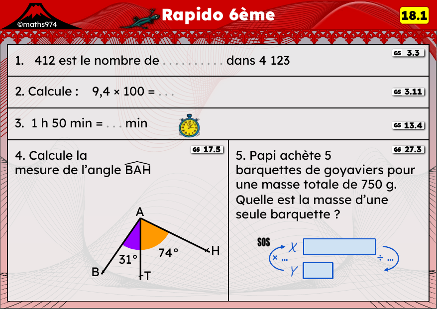 Rapido 18.1 – exercices de maths 6ème, semaine 18 : Multiplier un décimal par 10/100/1000, durées et angles