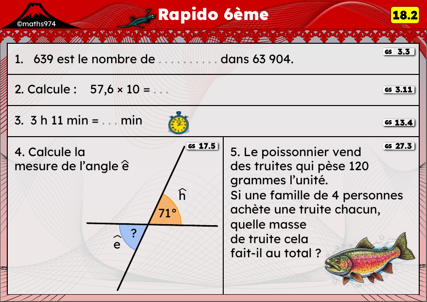Rapido 18.2 – exercices de maths 6ème, semaine 18 : Multiplier un décimal par 10/100/1000, durées et angles