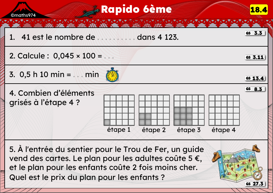 Rapido 18.4 – exercices de maths 6ème, semaine 18 : Multiplier un décimal par 10/100/1000, durées et angles