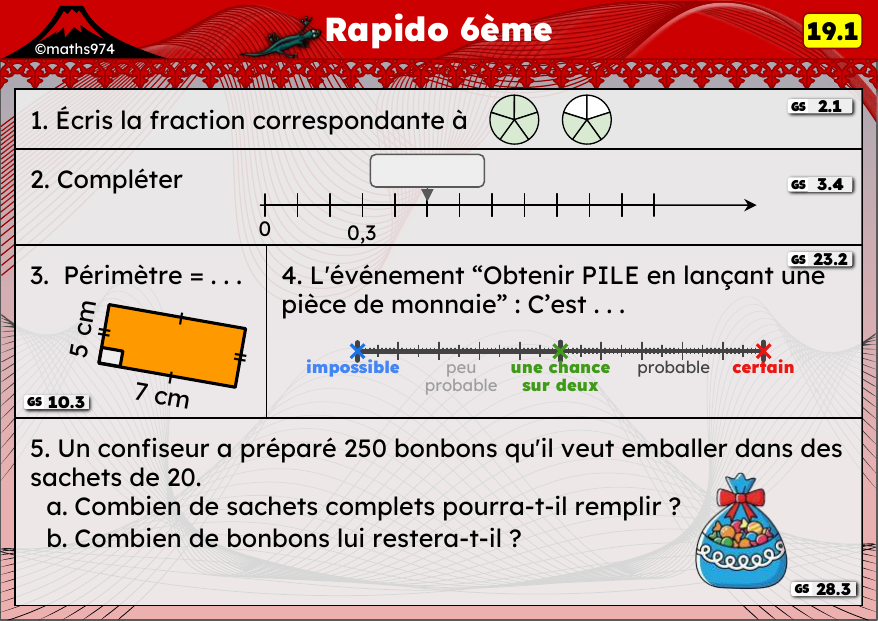 Rapido 19.1 – exercices de maths 6ème, semaine 19 : Fractions décimales, périmètres et vocabulaire des probabilités