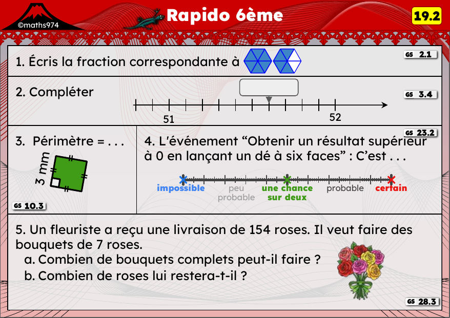 Rapido 19.2 – exercices de maths 6ème, semaine 19 : Fractions décimales, périmètres et vocabulaire des probabilités