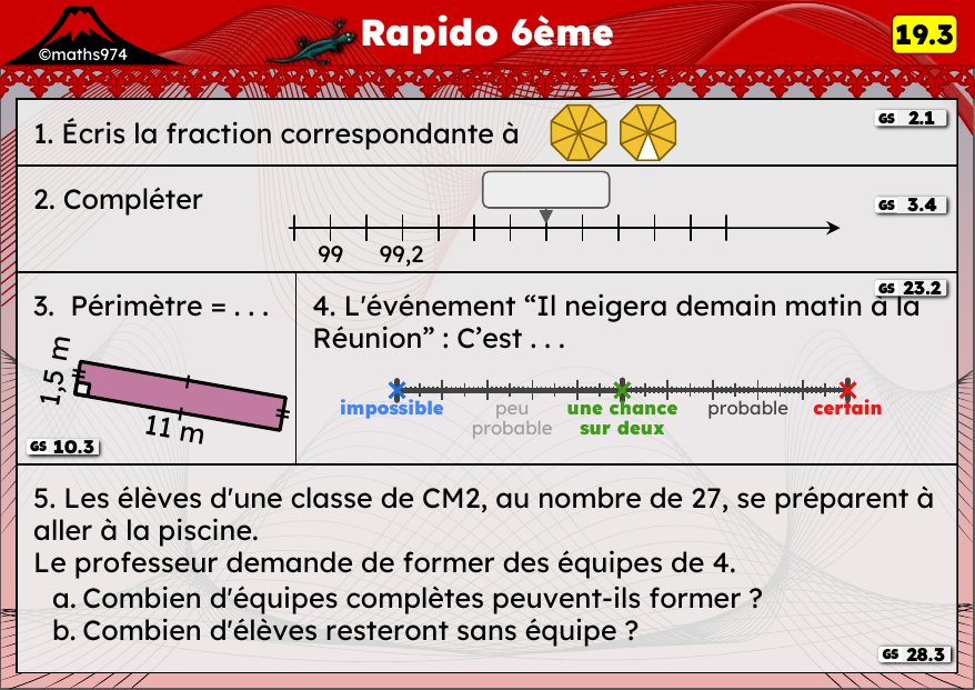 Rapido 19.3 – exercices de maths 6ème, semaine 19 : Fractions décimales, périmètres et vocabulaire des probabilités