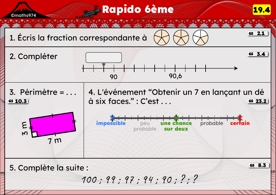 Rapido 19.4 – exercices de maths 6ème, semaine 19 : Fractions décimales, périmètres et vocabulaire des probabilités